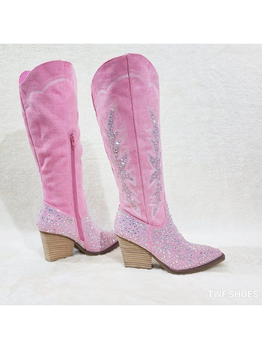 Anniston Baby Pink / Rhinestones Glamour Country Western Cowgirl Knee Boots - Picture 6 of 17